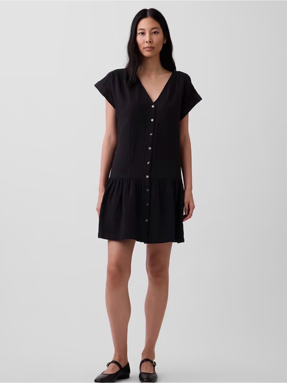 GAP Black Cotton Gauze Drop-Waist Shirtdress